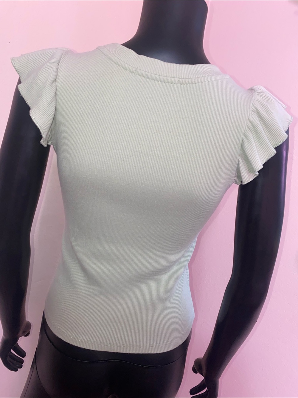Pink Rose Mint Green Ruffle Sleeve Ribbed Tee - Picture 7 of 10